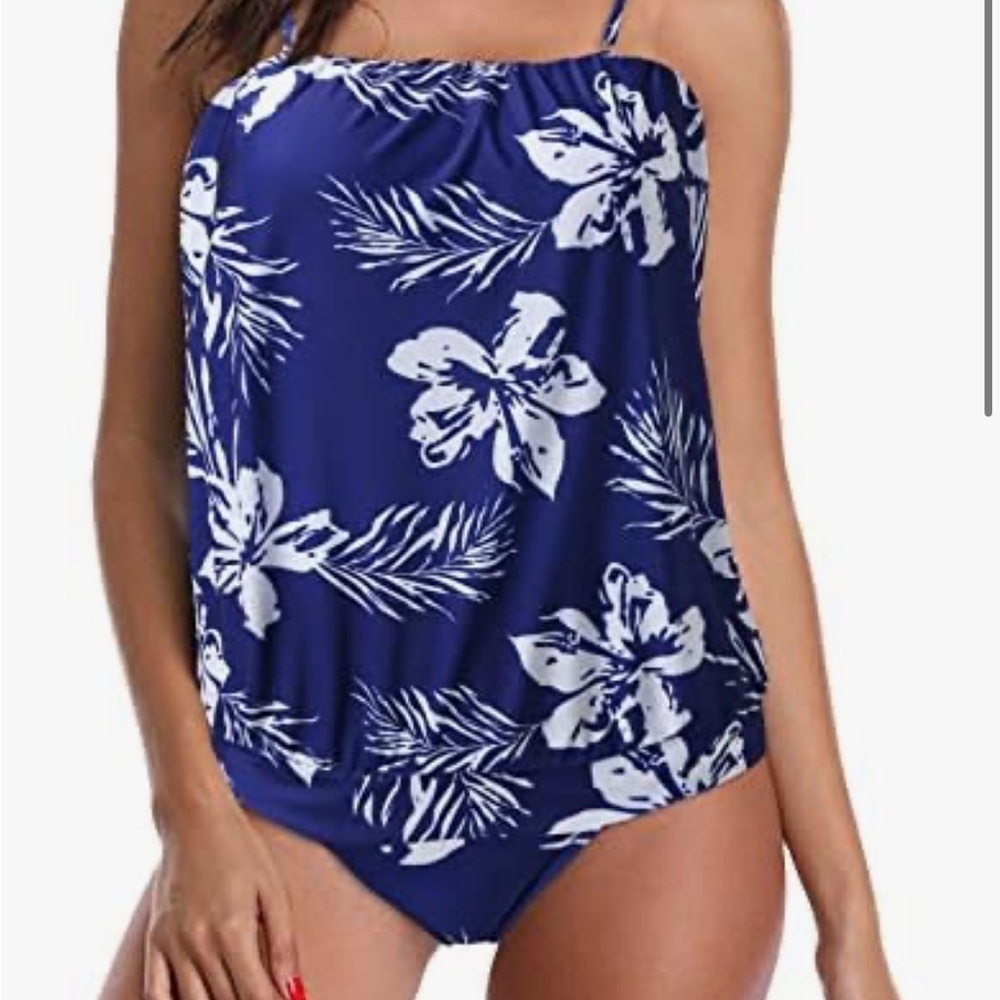 Blue and White Floral Swim Bottoms size M high waisted size 8